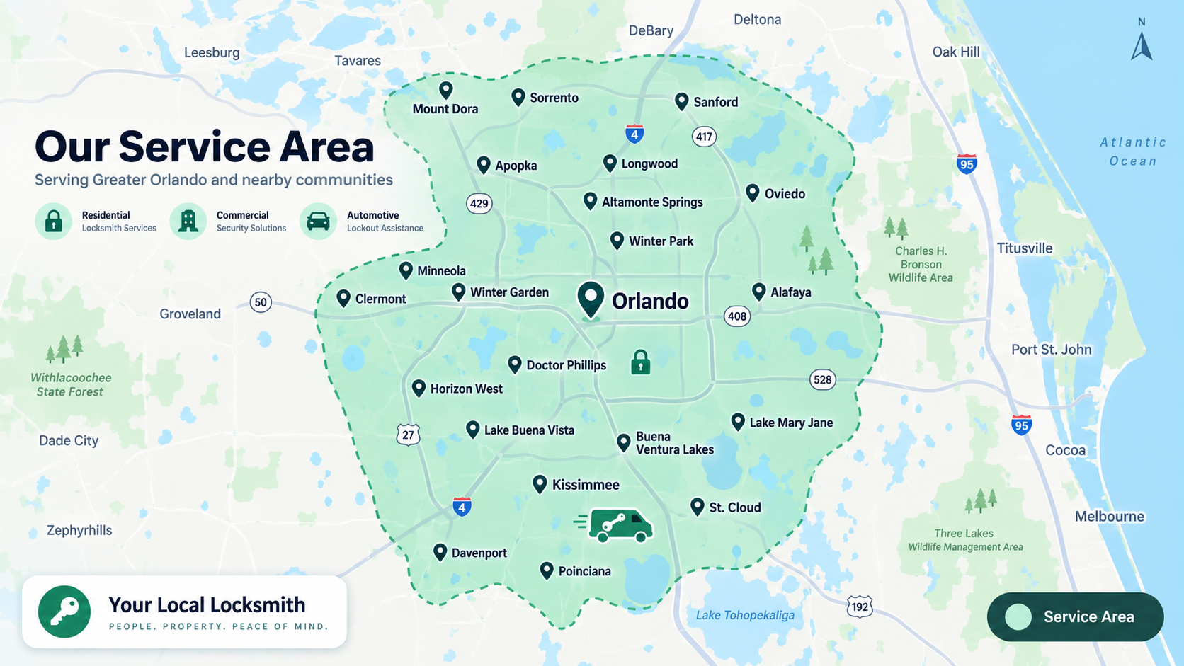 Reference Locksmith service area map showing Greater Orlando and surrounding communities including Kissimmee, Apopka, Winter Park, Altamonte Springs, Sanford, Ocoee, and more